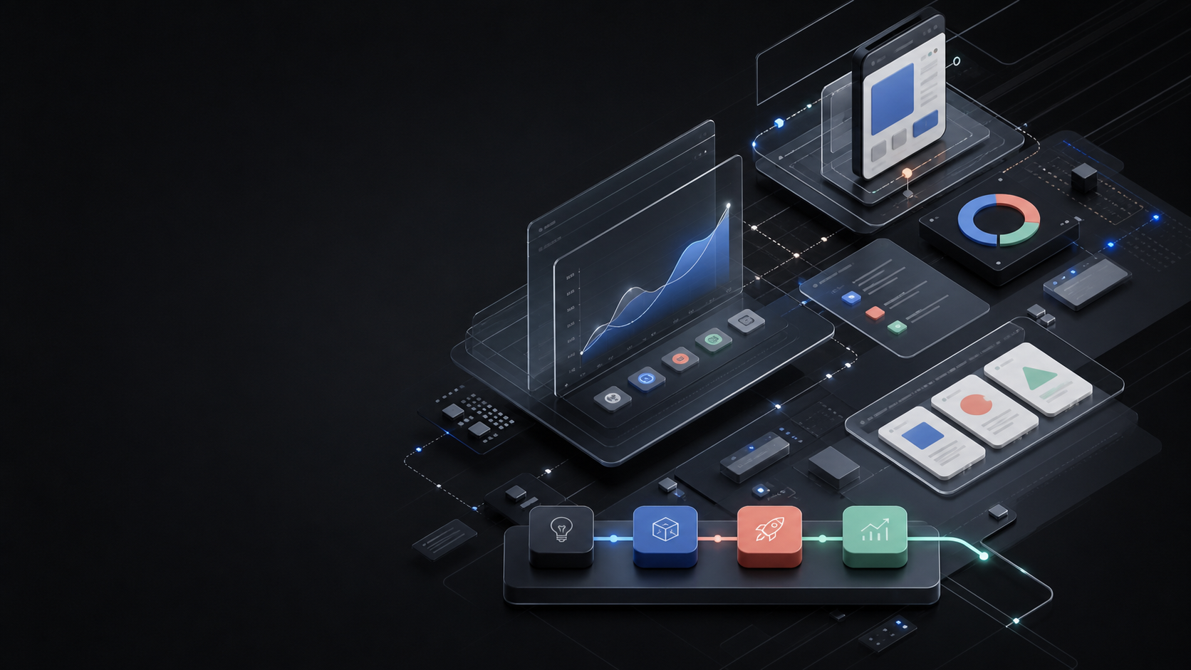 Abstract AI product ecosystem showing applications, analytics, and a product lifecycle